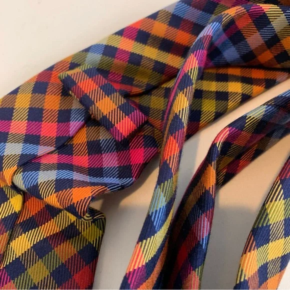 Charles Tyrwhitt Wool Silk Tie Multicolor Gingham Plaid Rainbow 58"L x 3.5"W - Picture 3 of 5